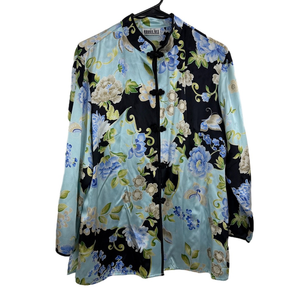Robbie Bee Jacket Womens Blue Floral Frog Toggle Mandarin Collar Satin Top
